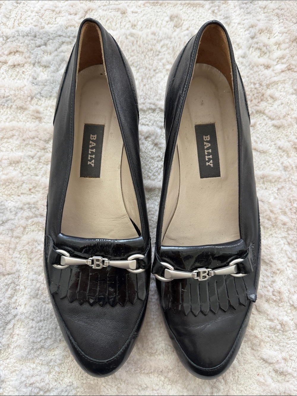 Bally Black Leather Kiltie Loafers with Silver-Tone 'B' Horsebit